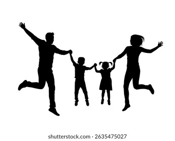 Silhouette happy family jumping together, ideal for familyoriented designs, representing joy, togetherness, and celebration in various projects.
