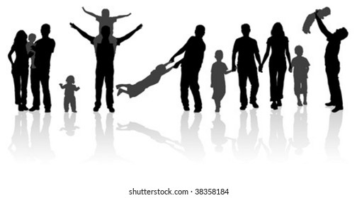 Silhouette Happy Family on Walk in Action, Vector Illustration for Design