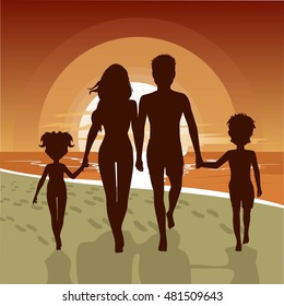 silhouette of happy family walking along beach at sunset