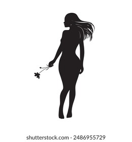 Silhouette of a happy girl with a flower