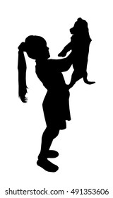 Silhouette of happy girl with long hairs keeping on hand dog.