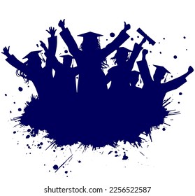 Silhouette of happy graduate students with graduation caps and grunge splash. Vector illustration