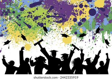 Silhouette of happy graduate students with graduation caps and diploma or certificates on background of color splashes and blots. Graduation event. Vector illustration