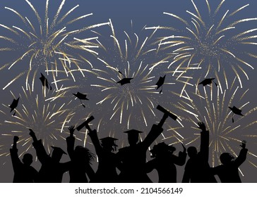 Silhouette of happy graduate students on background of fireworks. Graduation event. Vector illustration