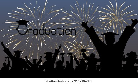 Silhouette of happy graduates in graduation caps on background of fireworks. Vector illustration