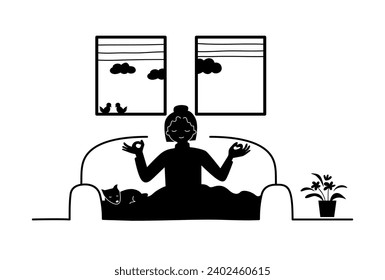 Silhouette of a happy introvert woman doing meditation on a couch at home with a dog.