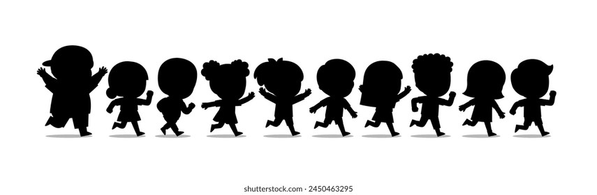 Silhouette of Happy Kids are walking on white background. Children's activities. Back to school.