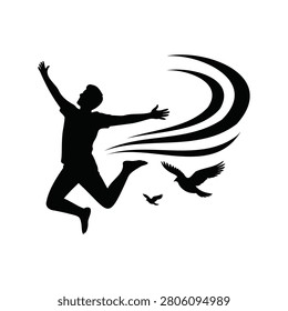 Silhouette of a happy man jumping with flying birds and wind waves