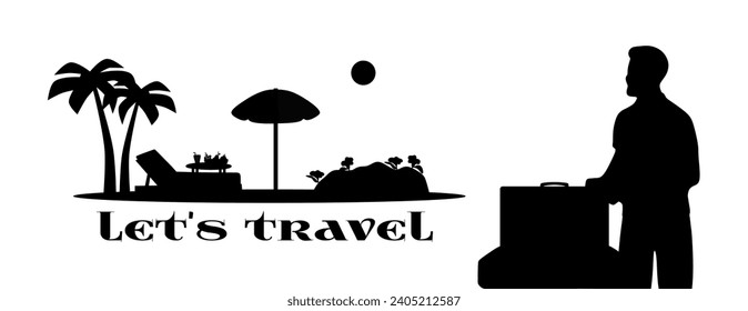 
“SHOTLISTtravel”. Silhouette of happy man packing travel suitcase. Summer landscape with sun lounger, palm trees, beach umbrella and fruit basket. 
