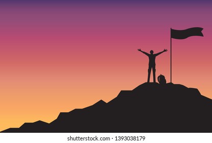 Silhouette happy man raising hand standing on top of mountain, Traveler man of success, Mountain with sunset background, Business travel concept, Vector illustration flat