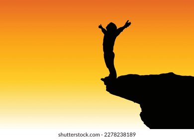 Silhouette of happy man standing raise hand on mountain cliff vector. Success and serenity concept, young man standing on a rock in the mountains at sunset.