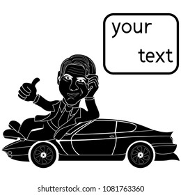 Silhouette of happy man that lying on a car, conceptual cartoon stencil vector illustration
