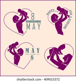 Silhouette Happy Mother and Baby. Happy mothers day logo set. Vector illustration.