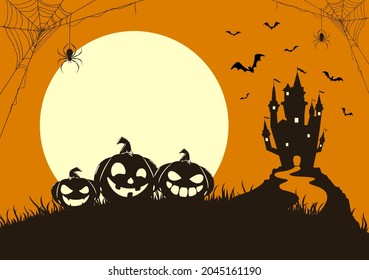 Silhouette of happy pumpkins on orange background with Moon and dark scary castle. Holiday card with Jack O Lanterns, bats and spiders. Illustration for holiday cards, invitations, banners, templates