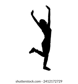 Silhouette of a happy slim woman jumping cheerfully.