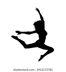 Silhouette of a happy slim woman jumping cheerfully.