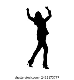 Silhouette of a happy slim woman jumping cheerfully.