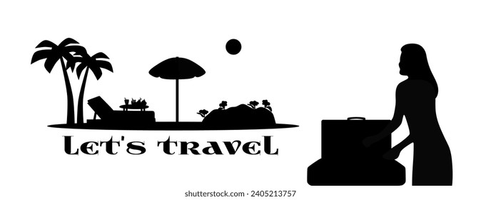 “SHOTLISTtravel”. Silhouette of happy woman packing travel suitcase. Summer landscape with sun lounger, palm trees, beach umbrella and fruit basket. 