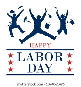 Silhouette of happy workers jumping in the air with text happy labour day, Vector