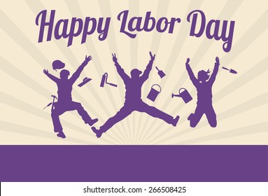 Silhouette of happy workers jumping with text happy labor day, vector