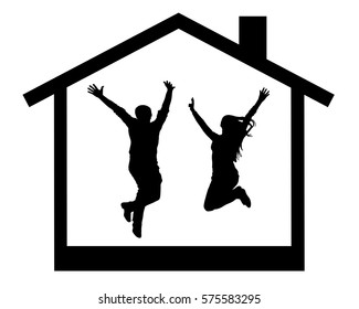 silhouette of happy young couple jumping in the house room