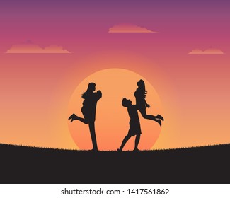 Silhouette happy young people of sunset background,Youth day background, Happy youth day, International Youth day poster campaign, Vector illustration flat