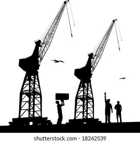 Silhouette of harbour workers and port cranes