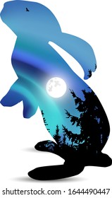 Silhouette of hare with double exposure of pine trees and northern lights sky.
