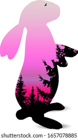 Silhouette of hare with double exposure of pine trees and colorful sky.