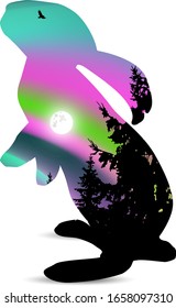Silhouette of hare with double exposure of pine trees and northern lights sky.
