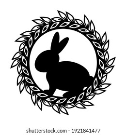 Silhouette of a hare in a frame, black stencil, vector illustration, monogram, design, decoration, logo, print