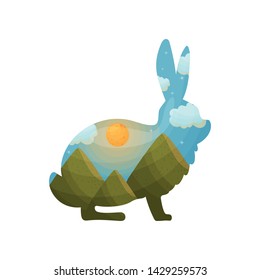 Silhouette of a hare with a landscape inside. Vector illustration on white background.