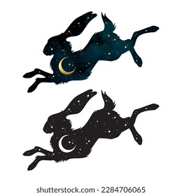 Silhouette of the hare magic animal with night sky with crescent moon gothic tattoo design isolated vector illustration