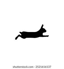 Silhouette of a hare mid-leap, isolated on a clean white background.