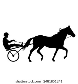 Silhouette of a harness horse racing. Trotting horse pulling a two-wheeled vehicle or sulky and driver. Vector illustration isolated on a white background