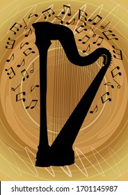 Silhouette of harp surrounded by notes on abstract gold background, graphic design of flyer with musical theme,, vector design