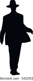 Silhouette of a Hasidic Jew. Religious Jew. Young man with hand raised. Isolated vector illustration. Black on white.