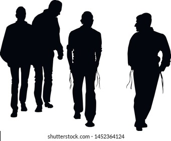 Silhouette of Hasidic Jews. Religious Jews go to the synagogue. A group of young male believers. Isolated vector illustration Black on white.