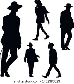 Silhouette of Hasidic Jews. Religious Jews go to the synagogue. Selection of silhouettes of believing Jews Hasidim. Isolated vector illustration Black on white.