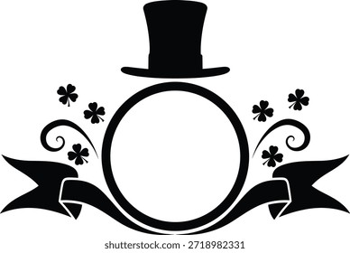 Silhouette of a hat above a ring with shamrocks and ribbons circle.