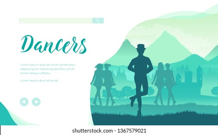 Silhouette of hatted man and girls performing irish traditional dance. Step dancers of Ireland in festival, competition. Treble reel, jig dance vector design for website, landing page. Place for text