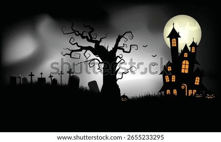 Silhouette of Haunted Forest and Haunted House with graveyard in Halloween Night