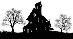 A Silhouette Haunted Halloween House With Spooky Trees