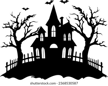 A silhouette haunted Halloween house with spooky trees