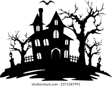 A silhouette haunted Halloween house with spooky trees