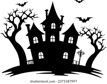 A silhouette haunted Halloween house with spooky trees