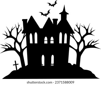 A silhouette haunted Halloween house with spooky trees