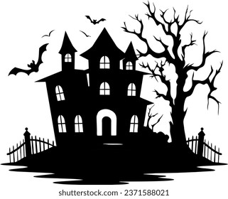 Eine Silhouette spukt Halloween-Haus mit spitzigen Bäumen