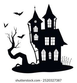 The silhouette of a haunted house with a crooked structure and broken windows, surrounded by creepy bats and a gnarled tree, creates a classic Halloween atmosphere and a chilling sense of fear.