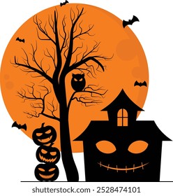 Silhouette Of Haunted House Dead Tree Pumpkin And Scary Owl Under Moonlight